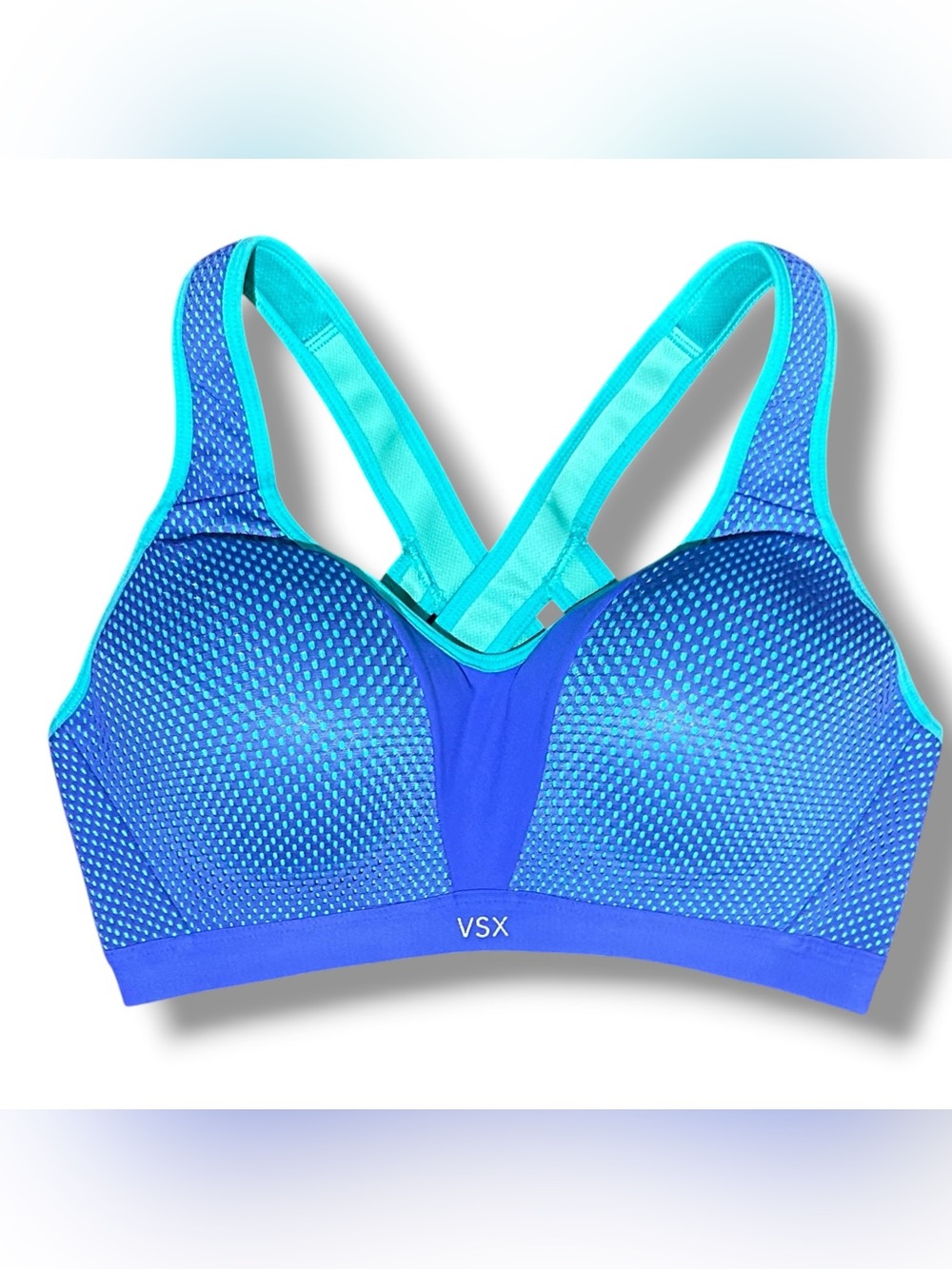 Victorias Secret VSX Sports Bra Blue Teal Mesh Crossback Padded 34C High Impact